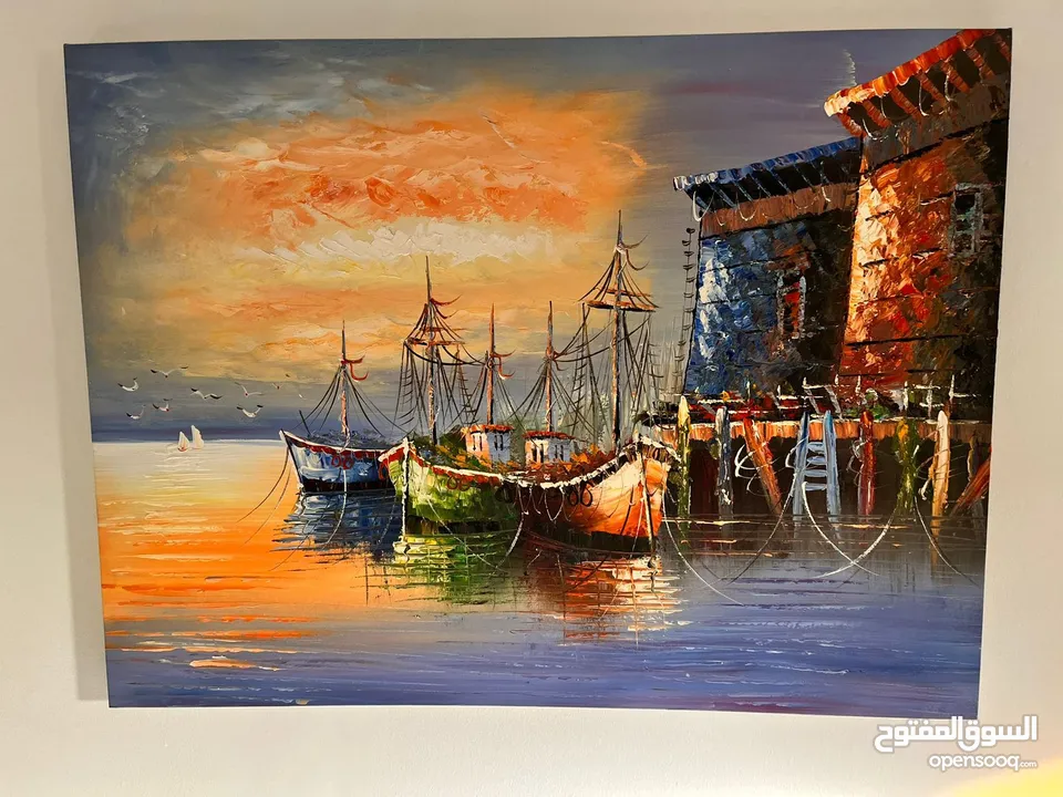 Colorful harbor boats oil painting