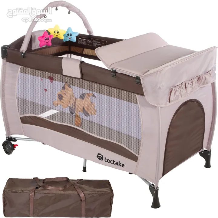تخت بيبي من island toys امريكي فخم جدا مع كامل الاضافات next to me جنب متحرك وعلاقه العاب وعجلات