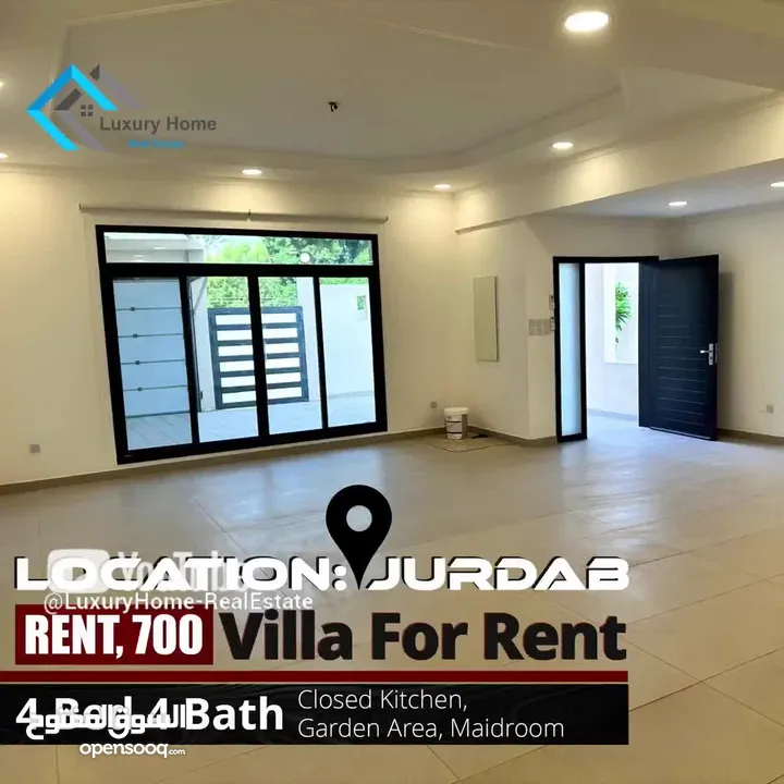 Spacious 4-Bedroom Villa for Rent in Jurdab with Modern Amenities, Large Living Areas, and Garden...