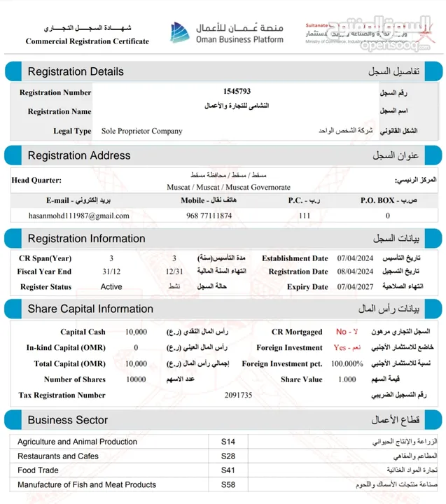 سجل تجاري استثماري للبيع