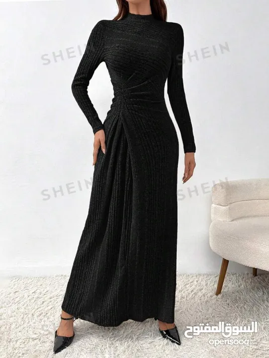 New Black Stand Up Collar Long Sleeves Dress / L