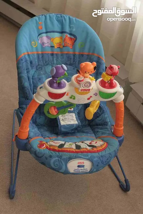 كرسي هزاز للاطفال من الولادة وحتى السنتين من ماركة fisher price لون ازرق مع هيكل ازرق سهل الاستخدام