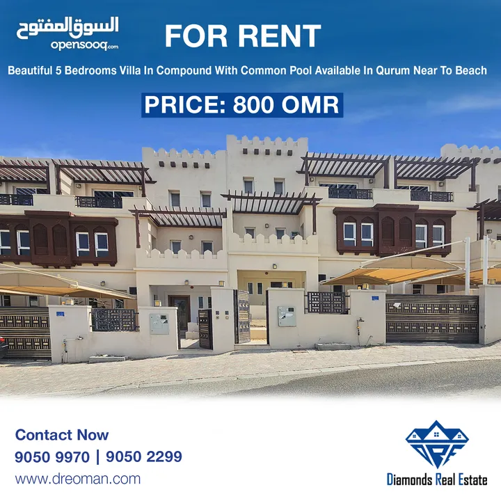 #REF1178  Beautiful 5 bedroom villa in compound with common pool for rent in qurum