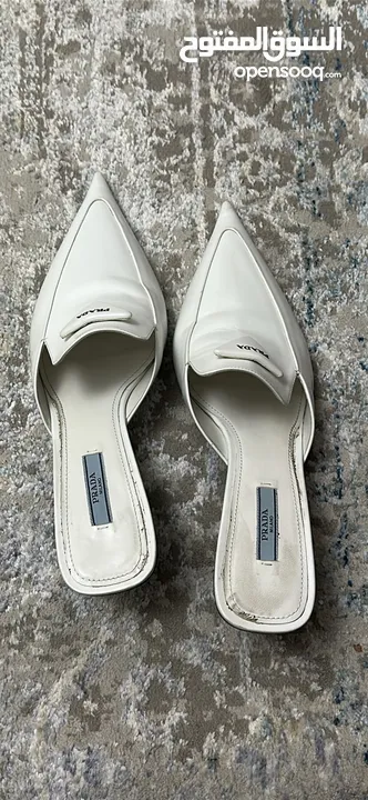 Prada White Mules (Pointed Toe, Kitten Heel, Size 39.5)