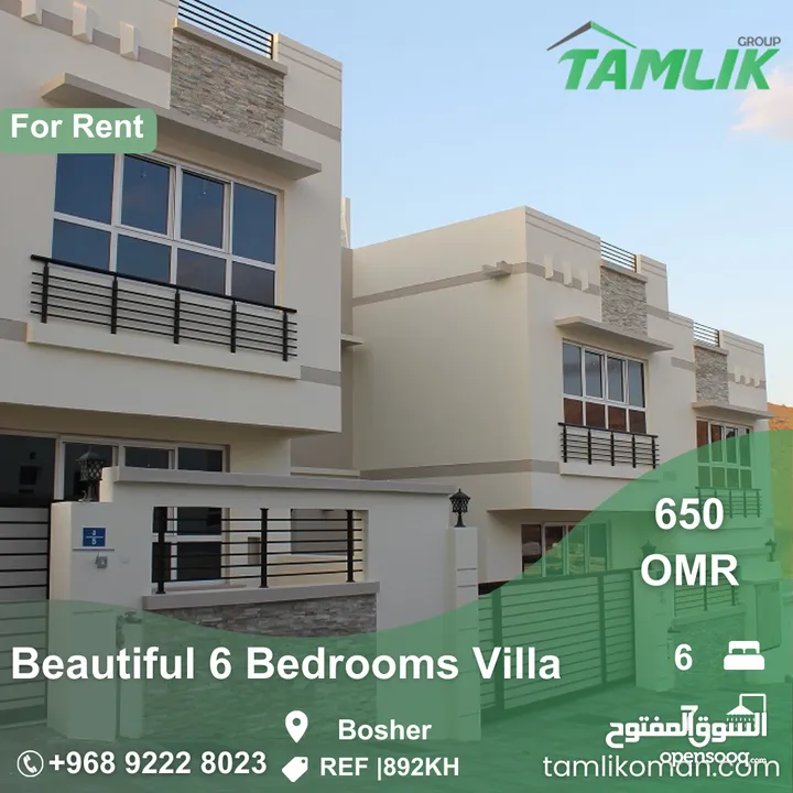 Beautiful 6 Bedrooms Villa for rent in Bosher  REF 892KH