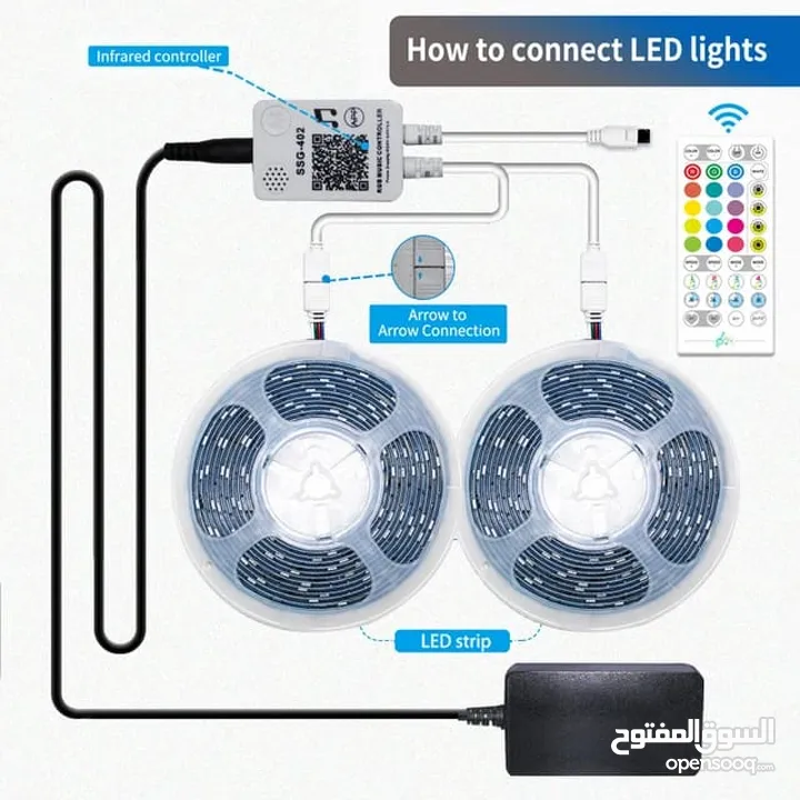 حبل Led طول 10 متر RGB LED تحكم بجميع الاوان وشدة الضوء وتحكم بالطول المناسب وباقل سعر