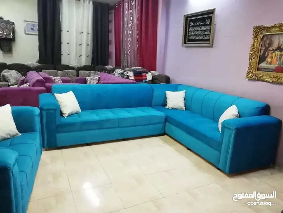 تنجيد كورنر حرف L مع كنبة مزدوجة مع إمكانية اختيار الاقمشة والألوان والتفصيل حسب الطلب