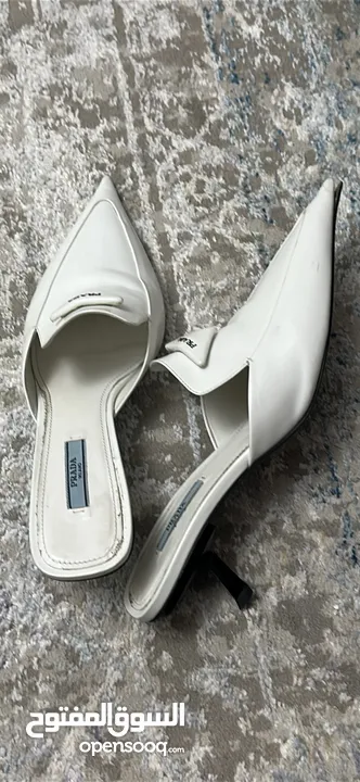 Prada White Mules (Pointed Toe, Kitten Heel, Size 39.5)