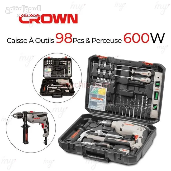 Crown Caisse À Outils 98Pcs Avec Perceuse 13mm 600W Crown CK10-XA98 GRIS