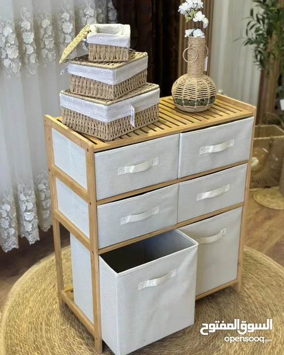 خزانة البامبو  بـ6 أدراج قماشية متينة   تصميم طبيعي وراقي يناسب جميع الديكورات أدراج واسعة