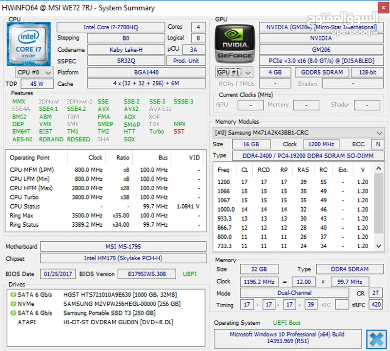 جهاز لابتوب Gaming Laptops Workstation Core i7-7700HQ  NVIDIA Quadro M2200  4 GB SSD 512GB /RAM 32GB