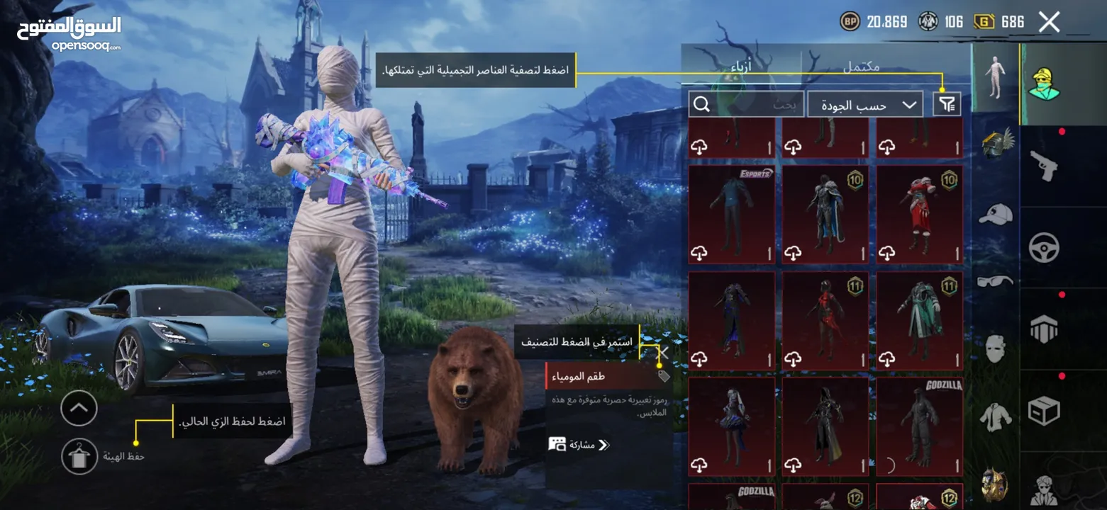 حساب ببجي نادر جدآ جميع مميائات + اسحلة كل لبسة ممياء وهناك كثير من بكجات مثل بكج سيارات