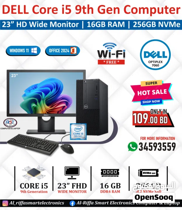 DELL Core i5 9th Generation Computer Set 23" Full HD Monitor 16GB DDR4 RAM  Ready Win 11 + Office 24