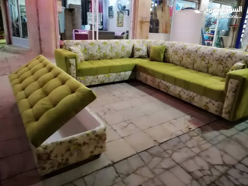 تنجيد كورنر حرف L مع كنبة مزدوجة مع إمكانية اختيار الاقمشة والألوان والتفصيل حسب الطلب