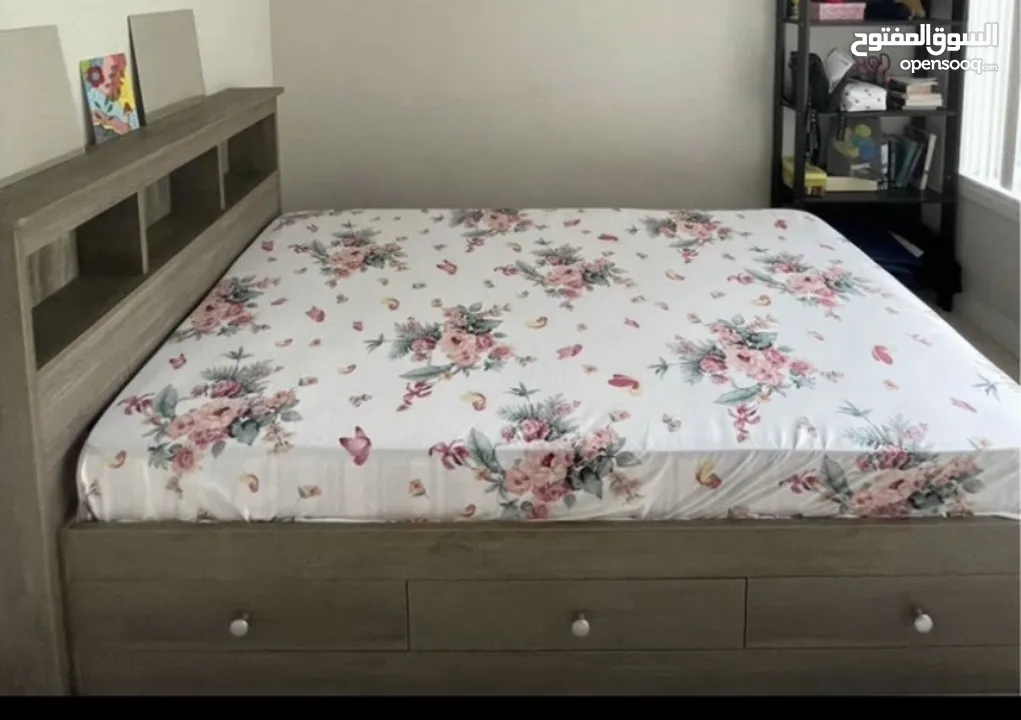 Bed with drawers, storage, head board and mattress. 210 cm by 100 cm