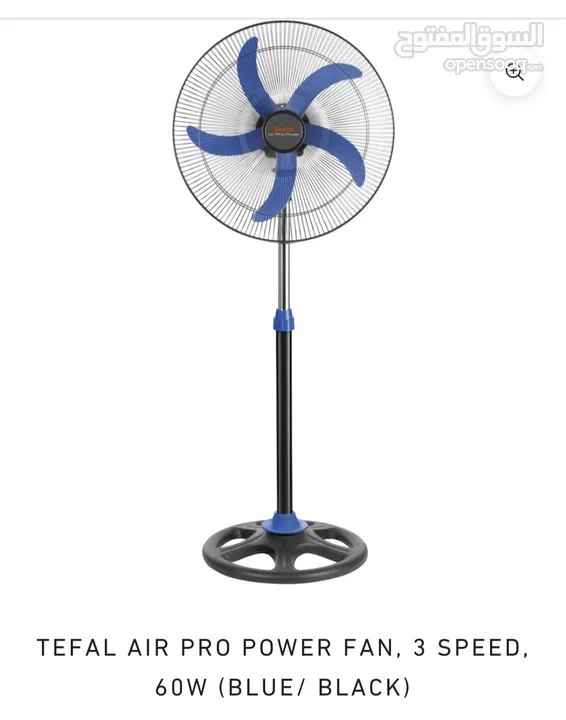 مروحة ماركة TEFAL AIR PRO POWER بحالة الوكالة  60 واط 3 سرعات 5 شفرات لون اسود وازرق