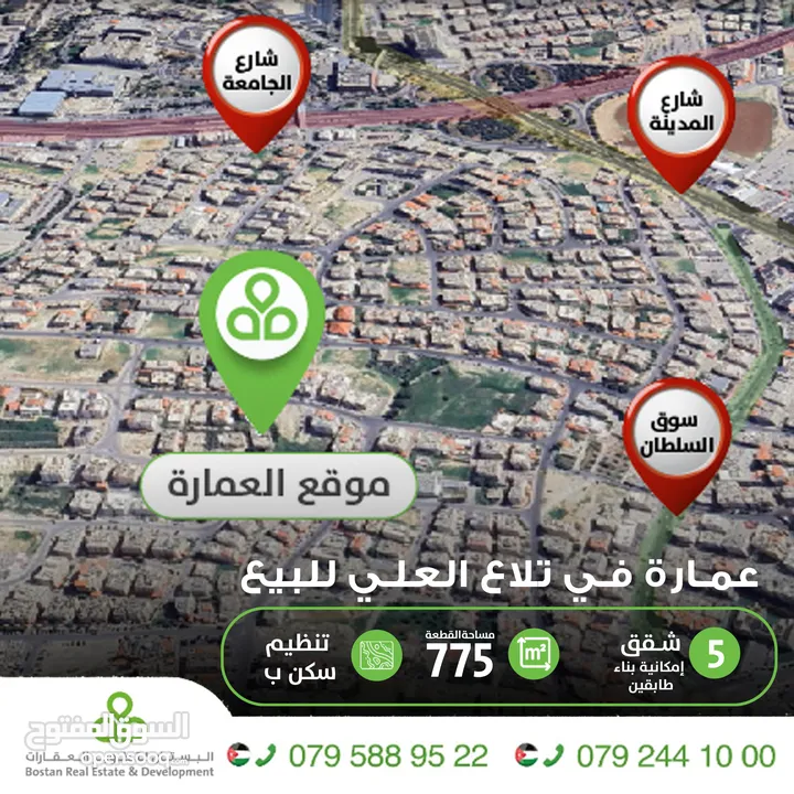 فرصة استثمارية عمارة للبيع في تلاع العلي بالقرب من سوق السلطان/ الارض 775 متر /  سكن ب