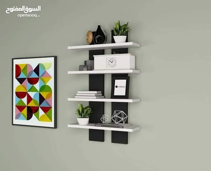 رفوف خشب شاشه ومطبخ وحمام وديكور حائط وستاند مكياج وجلاتين وغيره