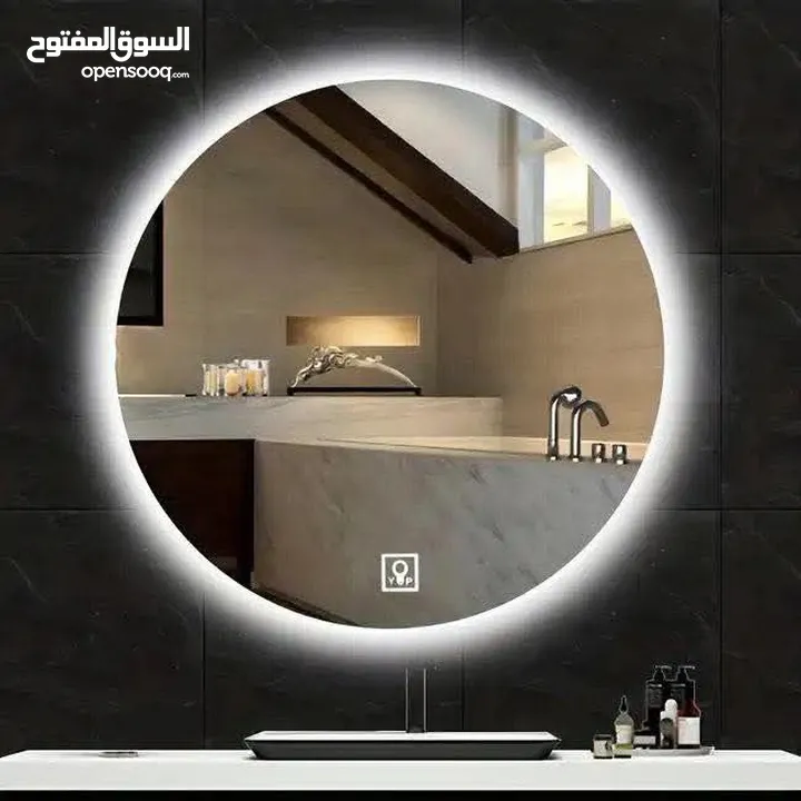 مرآة LED الذكية – إضاءة مميزه جدا ،  تشغيل كهرباء، كبسة لمس، قطر 70 سم.  متوفرة بإطار ذهبي أو بدون