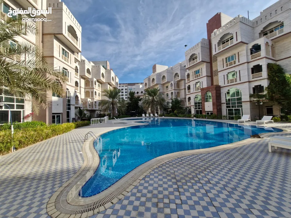 3 + 1 BR Spacious Apartment with Large Balcony and Pool View in Muscat Oasis