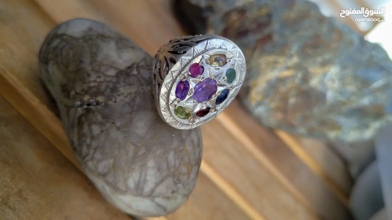 خاتم فضة مميز مع احجار الكريمة  special ring from silver 925 and precious gemstones