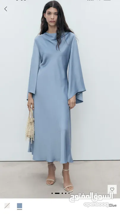 فستان ازرق طويل للمحجبات ساتان سهرة ناعم جدا long maxi blue dress from mango NEW