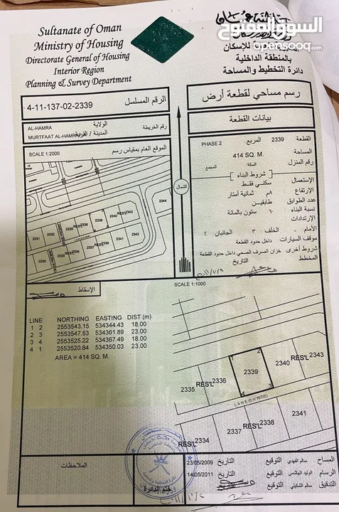 أرض سكنية في ولاية الحمراء في طريق الجبل الشرقي