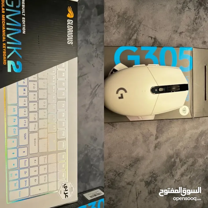 (كيبورد قيمنق غلوريوس بالعربي GMMK 2 ابيض جديد )  (ماوس لوجيتك G305 جديد )