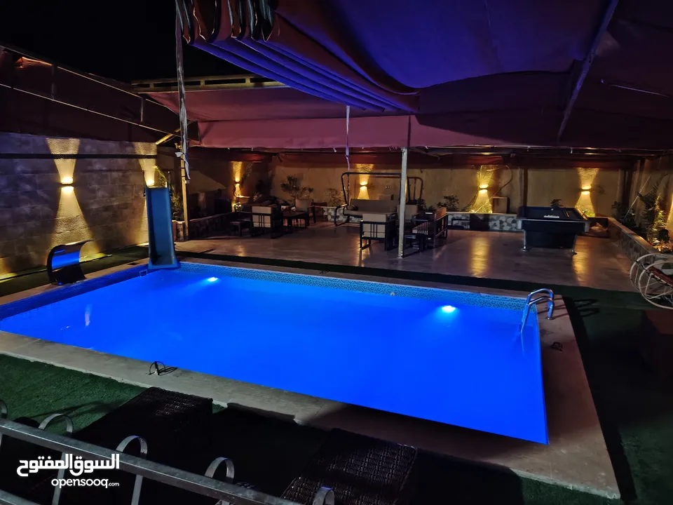 شاليه و مزرعه للايجار بالغور 50 دينار مسبح مدفأ 4*8 بدون عربون مع بلياردو و ترامبولين