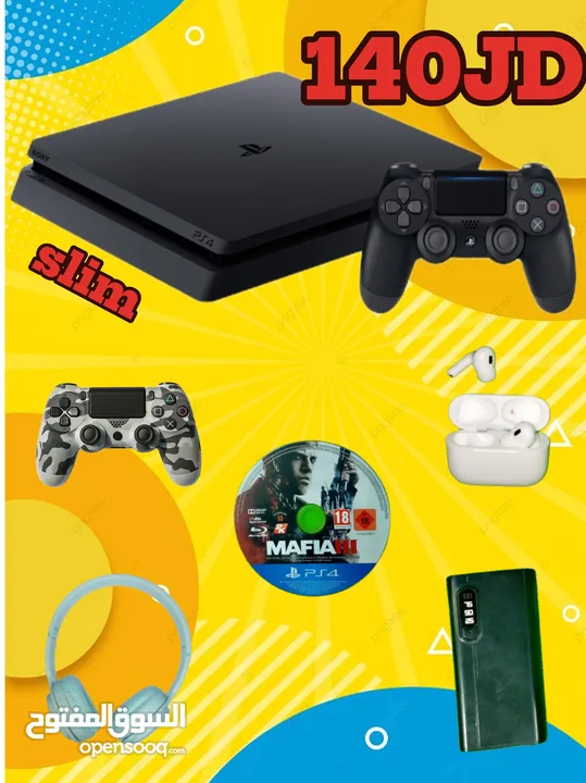 بلايستيشن 4 (PS4) Slim مع (5 هدايا) فقط بــ 140 JD الهدايا هي سماعه ايربورت+سماعه عاديه+يد تحكم