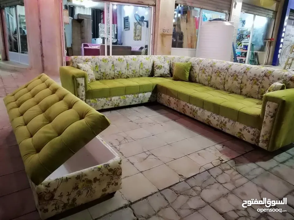 تنجيد كورنر حرف L مع كنبة مزدوجة مع إمكانية اختيار الاقمشة والألوان والتفصيل حسب الطلب