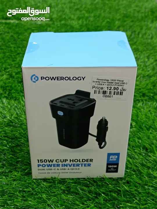 POWEROLOGY 150W CUP HOLDER POWER INVERTER ,DUAL USB-C & USB-A QC3.0