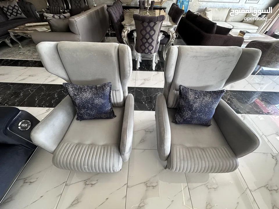 Elegant Turkish Sofa Set - 2 Three-Seater Sofas + 2 Armchairs, Grey & Navy Blue