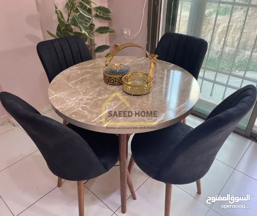 طاولة سفرة دائرية مع 4 كراسي سطح الطاولة خشب ملبس فورمايكا – مقاوم للخدوش وسهل التنظيف
