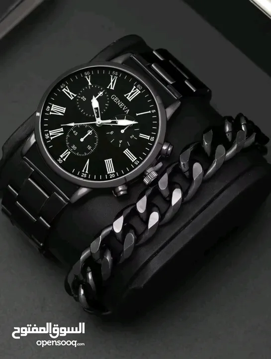 Black Metal Strap Round Dial Quartz Watch & 1pc Chain Bracelet