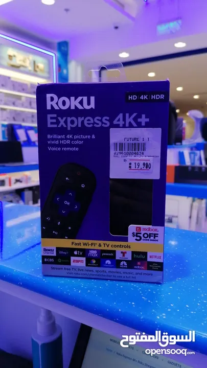 Roku Express 4K+ Roku Streaming Device 4K/HDR, Roku Voice Remote, Free & Live TV  جهاز تحكم صوتي