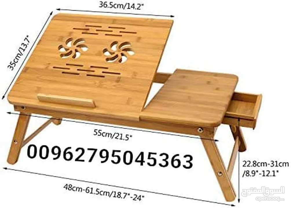 طاولة كمبيوتر محمول قابلة للطي من خشب البامبو مع مروحة تبريد USB عدد 2 على طاولات السرير للاكل