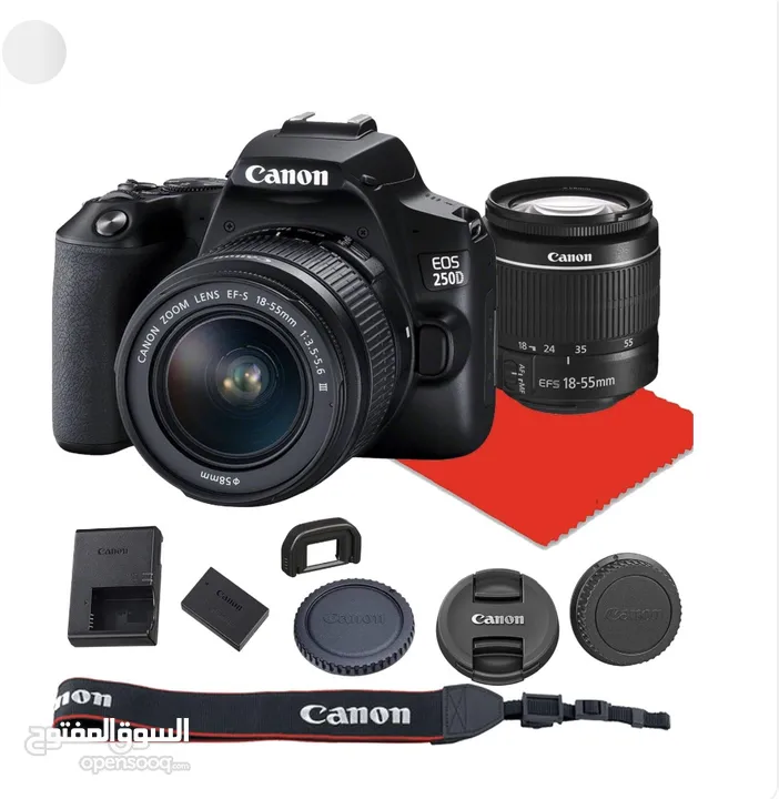 كاميرا canon250 d مستعمل شبه جديد مع كامل معداتها للبيع