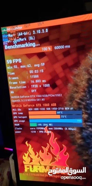 Intel Core i5-9400F  كرت الشاشة: NVIDIA GTX 1060 6GB  الرام: 16GB DDR4 2666MHz  التخزين:  SSD 128GB