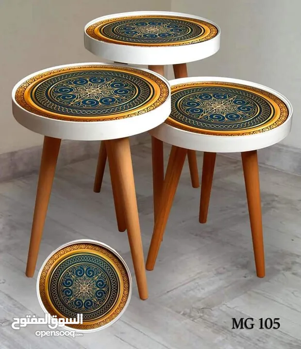 طاولات سرفيس 3D  زجاج حجم الكبير قطر 40سم نظام تركي  متوفر الوان  3 قطع