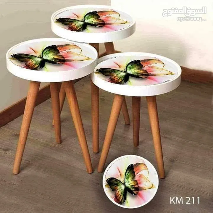 طاولات سرفيس 3D  زجاج حجم الكبير قطر 40سم نظام تركي  متوفر الوان  3 قطع