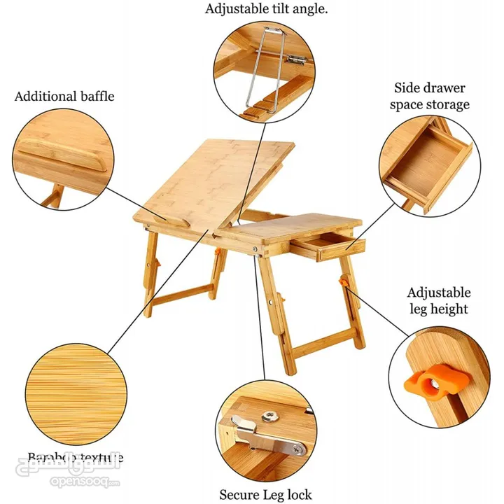 NNEWVANTE ZS1 Laptop Table Adjustable 100% Bamboo Foldable Breakfast Serving Bed Tray طاولة لابتوب