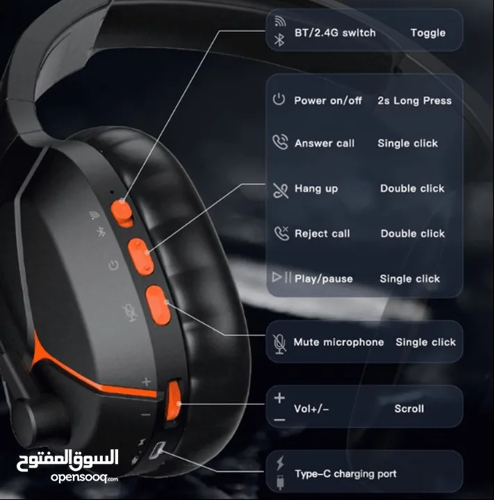 Meetion BTH011 Tri-Mode 2.4G Wireless Bluetooth & Wired Gaming Headset -Black سماعات ميشون للالعاب