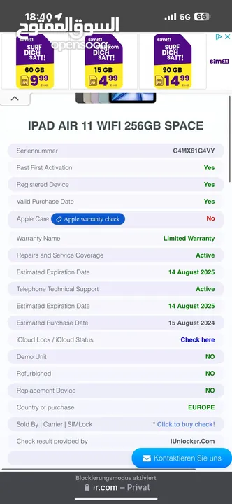 I pad air 6 m2 256 giga