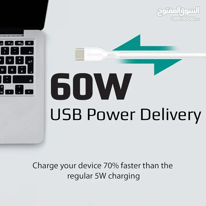 كابل بمأخذي يو اس بي نوع سي من برومايت، سرعة عالية باستطاعة 60 واط، 3 أمبير لنقل الطاقة والبيانات