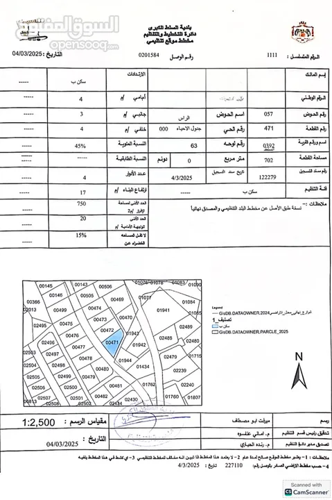 تنزيل السعر للبيع المستعجل.... ارض 702م سكن ب السلط السلالم حي عصفور فوق الشارع