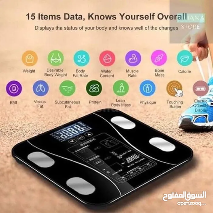 ميزان ديجيتال بلوتوث مع خاصية قياس الوزن، نسبة الدهون، العضلات، والمؤشرات الحيوية بالجسم