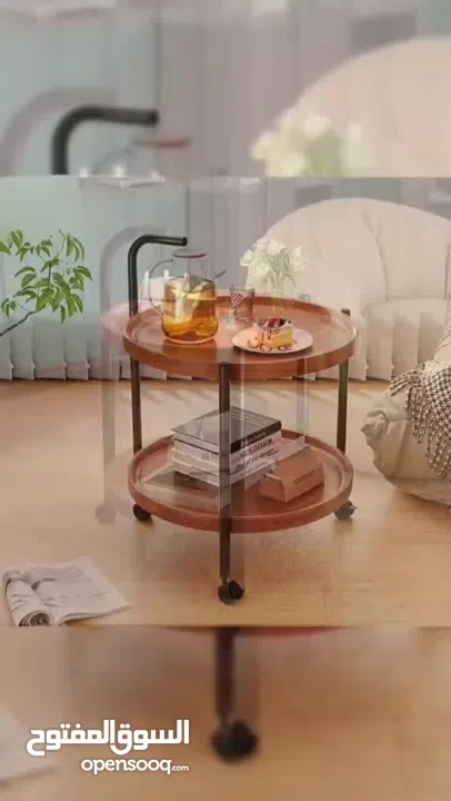 طاولة جانبية متحركة مع بكرات – طاولة قهوة دائرية   طاولة قهوة صغيرة بعربة من طبقتين