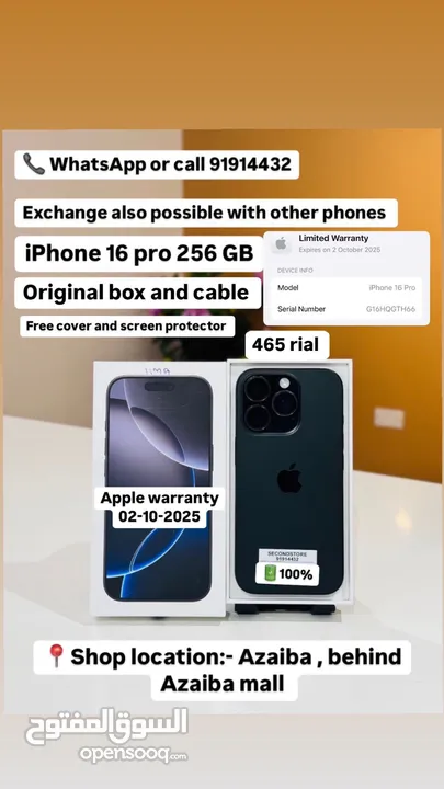 iPhone 16 pro -256GB - Good- warranty 2/10/25, free cable &screen protector, Original Box & Cable