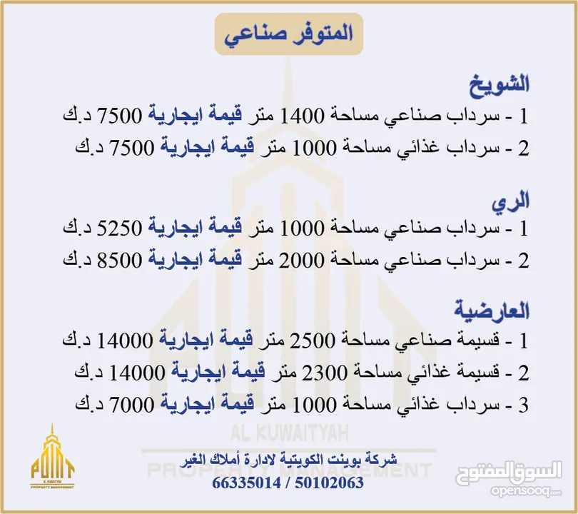 للايجار قسيمة ( مخزن ) بالعارضية مساحة 2500 متر PRIME FOOD INDUSTRIAL PLOT FOR RENT